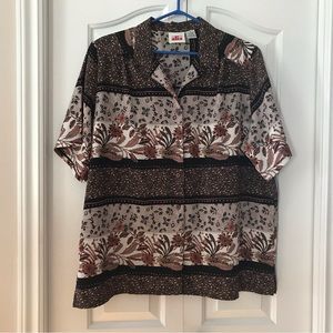 Vintage ALIA Floral Horizontal Beige/Brown/Rust StripeShortSleeveBlouse Size 16